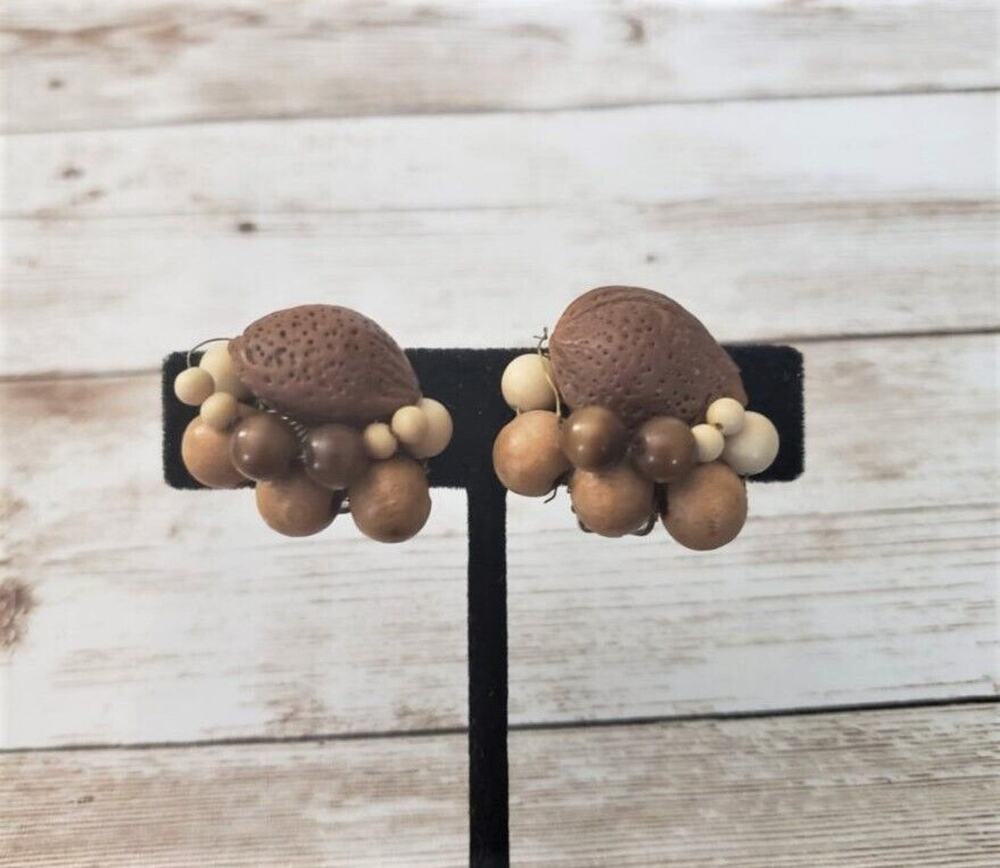 Vintage Clip On Earrings Brown & Tan with Nut (Repair Needed)